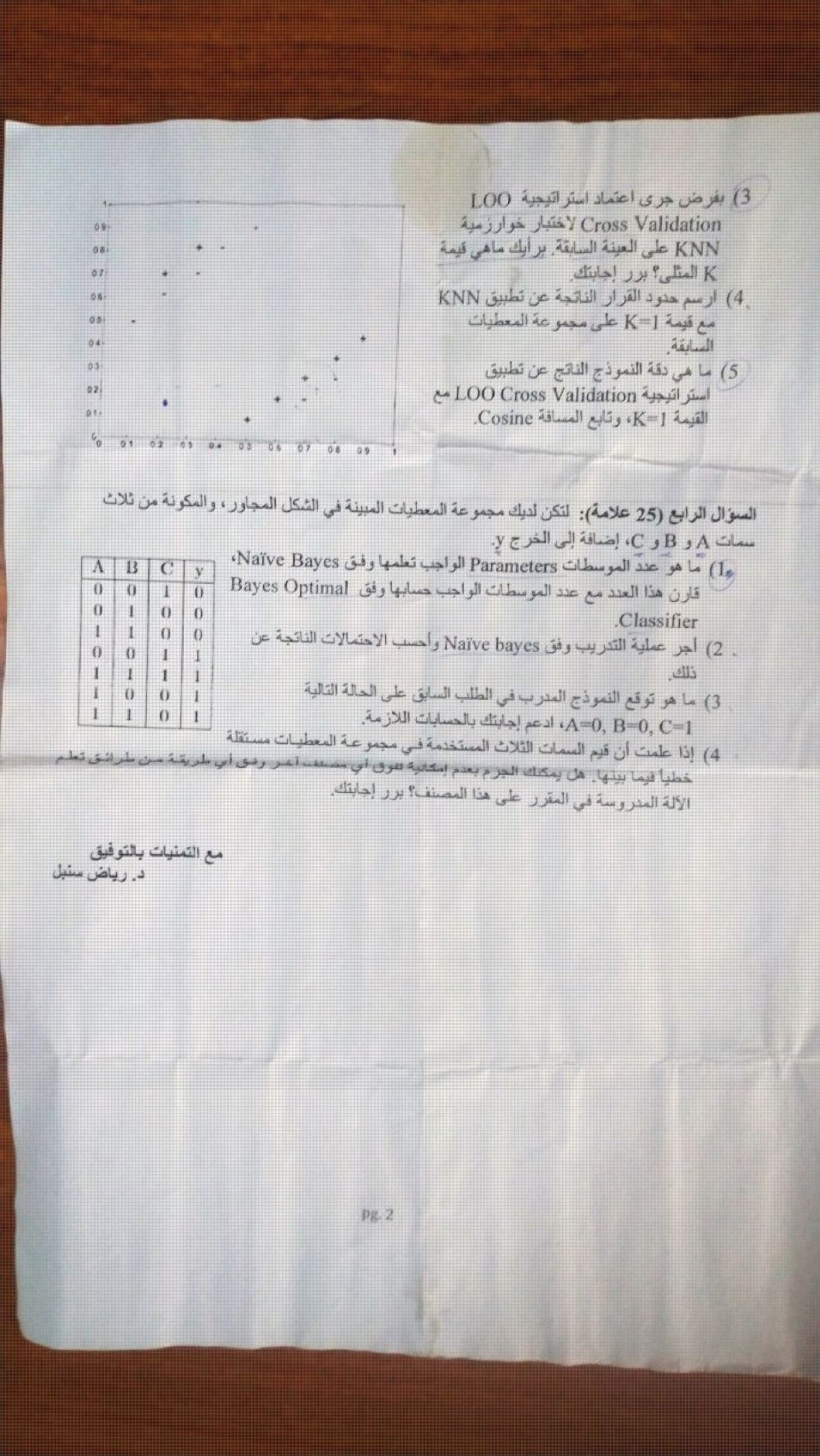 صورة الصفحة السابعة من دورات سنبل، وفيها بقية KNN وسؤال Naive Bayes المستبعد